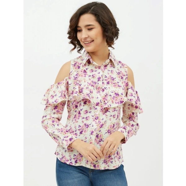 Women's Polyester Floral Cold Shoulder Standard Length Shirt (White) - L