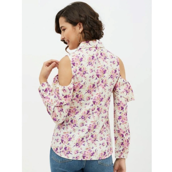 Women's Polyester Floral Cold Shoulder Standard Length Shirt (White) - L