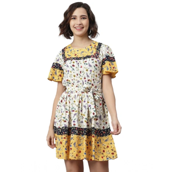 Women's Polyester Floral Flutter Above Knee Dress (Multicolor) - S