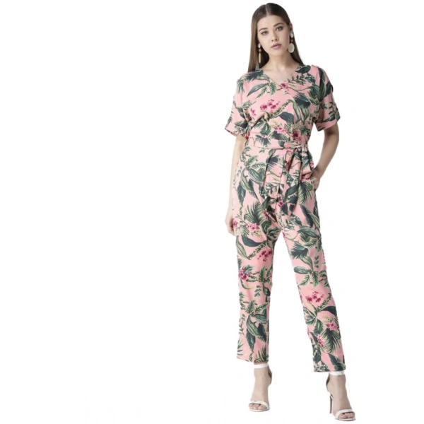 Women's Polyester Floral Half Sleeve Jumpsuit (Pink) - L