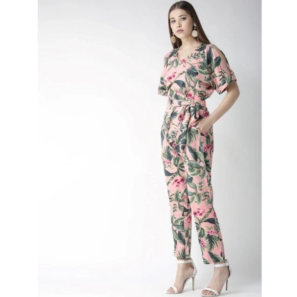 Women's Polyester Floral Half Sleeve Jumpsuit (Pink) - L