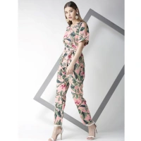 Women's Polyester Floral Half Sleeve Jumpsuit (Pink) - L