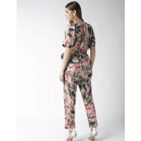 Women's Polyester Floral Half Sleeve Jumpsuit (Pink) - L