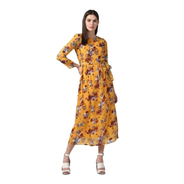 Women's Polyester Floral Long Sleeves Calf-length Dress (Yellow) - L