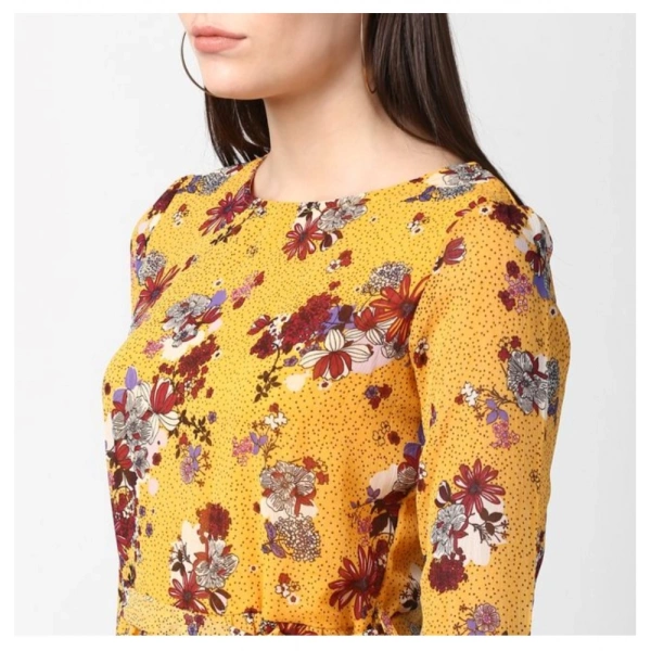 Women's Polyester Floral Long Sleeves Calf-length Dress (Yellow) - L
