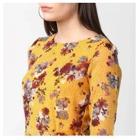 Women's Polyester Floral Long Sleeves Calf-length Dress (Yellow) - L