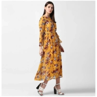 Women's Polyester Floral Long Sleeves Calf-length Dress (Yellow) - L