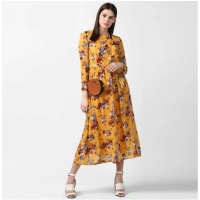 Women's Polyester Floral Long Sleeves Calf-length Dress (Yellow) - L