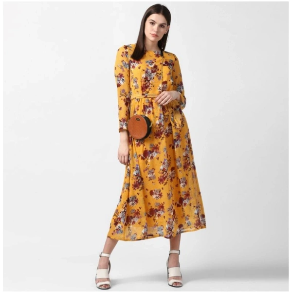 Women's Polyester Floral Long Sleeves Calf-length Dress (Yellow) - L