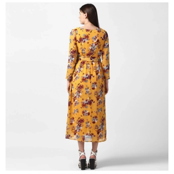Women's Polyester Floral Long Sleeves Calf-length Dress (Yellow) - L