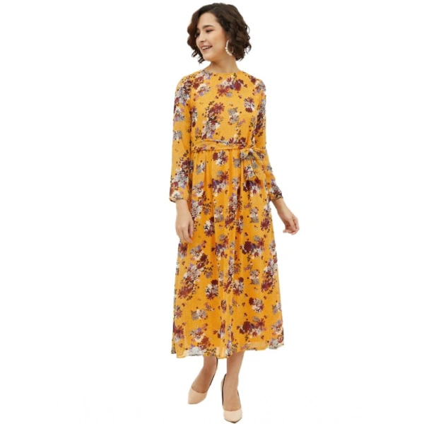 Women's Polyester Floral Long Sleeves Calf-length Dress (Multicolor) - M