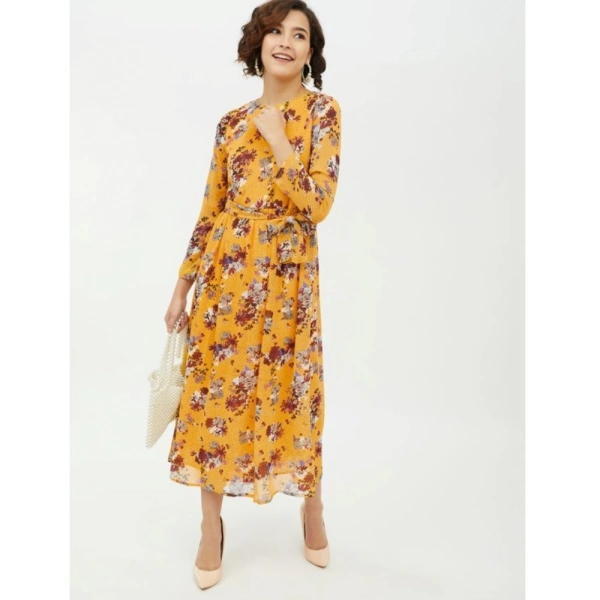 Women's Polyester Floral Long Sleeves Calf-length Dress (Multicolor) - M