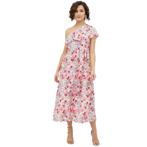 Women's Polyester Floral One Shoulder Calf-length Dress (Multicolor) - S