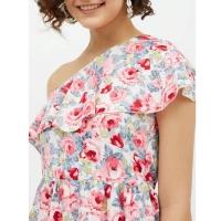 Women's Polyester Floral One Shoulder Calf-length Dress (Multicolor) - S