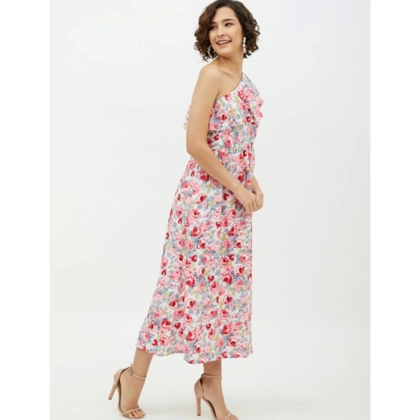 Women's Polyester Floral One Shoulder Calf-length Dress (Multicolor) - S