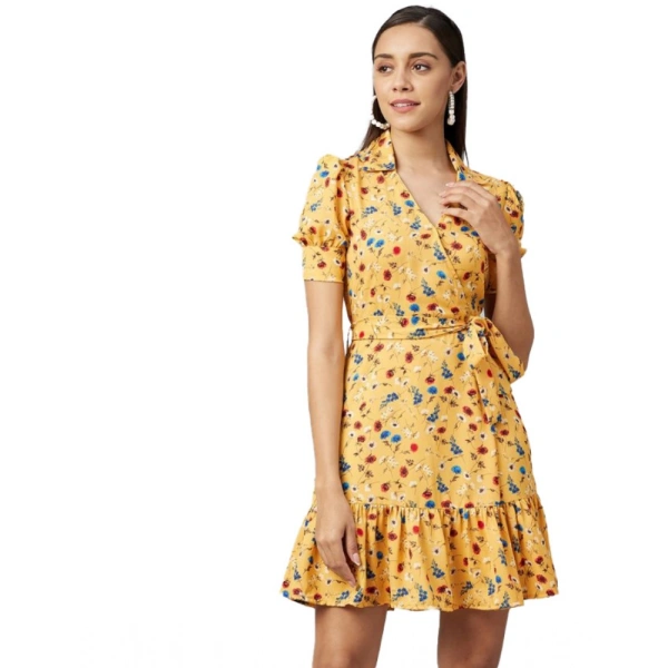 Women's Polyester Floral Short Sleeve Above Knee Dress (Yellow) - S