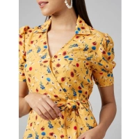 Women's Polyester Floral Short Sleeve Above Knee Dress (Yellow) - S
