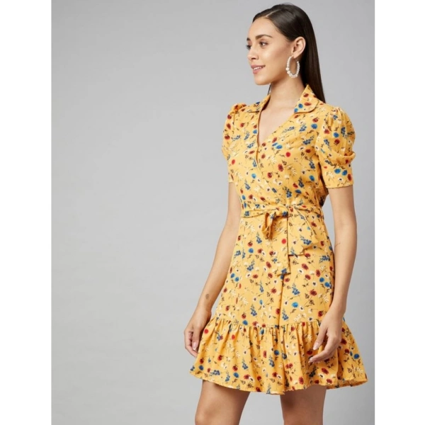 Women's Polyester Floral Short Sleeve Above Knee Dress (Yellow) - S