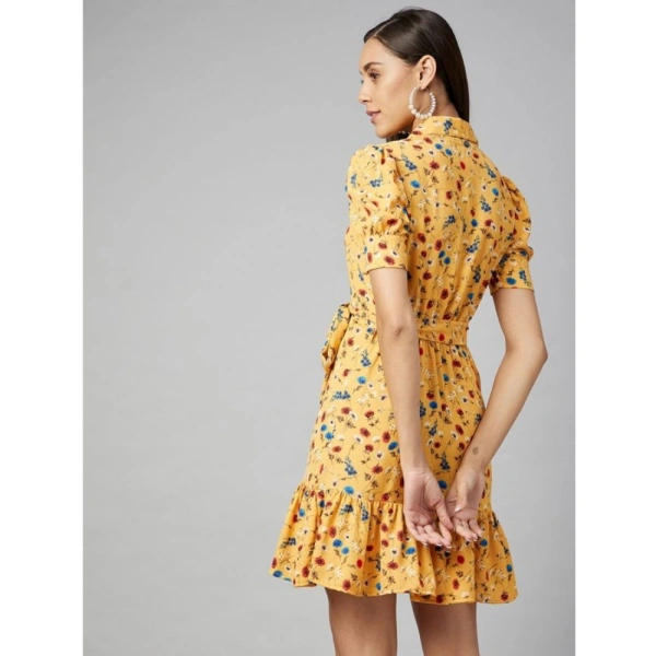 Women's Polyester Floral Short Sleeve Above Knee Dress (Yellow) - S