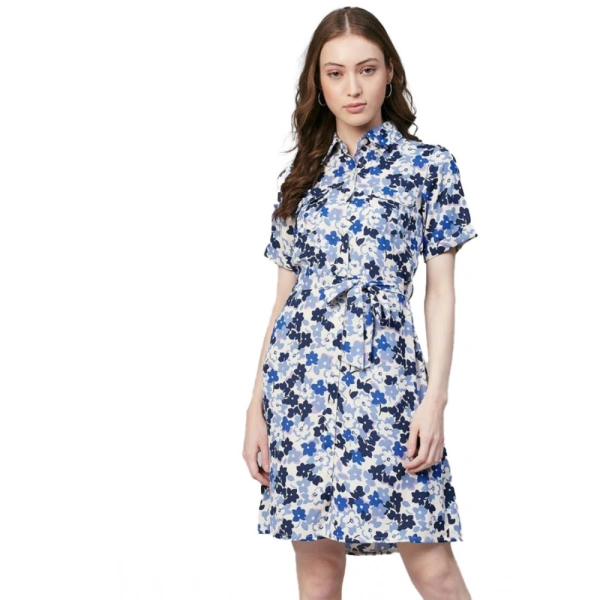 Women's Polyester Floral Short Sleeve Above Knee Dress (Blue - White) - M