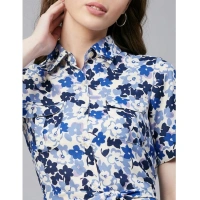 Women's Polyester Floral Short Sleeve Above Knee Dress (Blue - White) - M