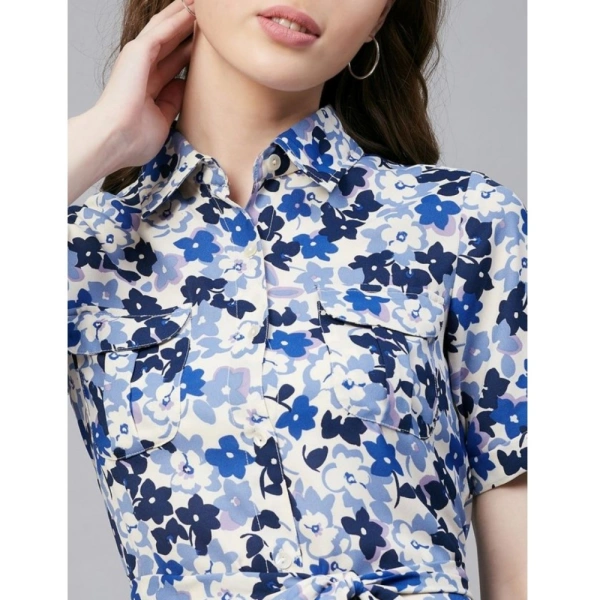 Women's Polyester Floral Short Sleeve Above Knee Dress (Blue - White) - M