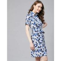 Women's Polyester Floral Short Sleeve Above Knee Dress (Blue - White) - M