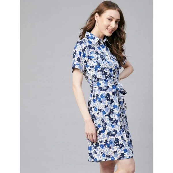 Women's Polyester Floral Short Sleeve Above Knee Dress (Blue - White) - M