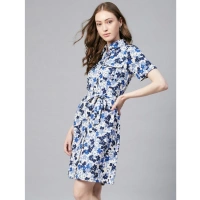 Women's Polyester Floral Short Sleeve Above Knee Dress (Blue - White) - M