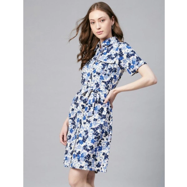 Women's Polyester Floral Short Sleeve Above Knee Dress (Blue - White) - M