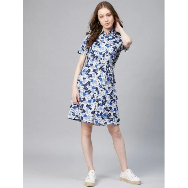 Women's Polyester Floral Short Sleeve Above Knee Dress (Blue - White) - M