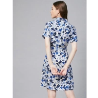 Women's Polyester Floral Short Sleeve Above Knee Dress (Blue - White) - M
