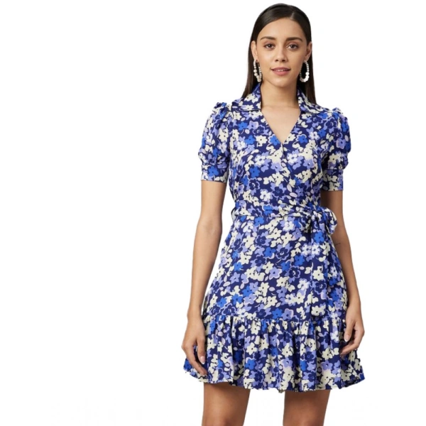 Women's Polyester Floral Short Sleeve Above Knee Dress (Blue - Purple) - XL