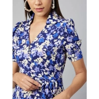 Women's Polyester Floral Short Sleeve Above Knee Dress (Blue - Purple) - XL