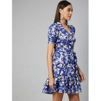 Women's Polyester Floral Short Sleeve Above Knee Dress (Blue - Purple) - XL