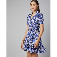 Women's Polyester Floral Short Sleeve Above Knee Dress (Blue - Purple) - XL