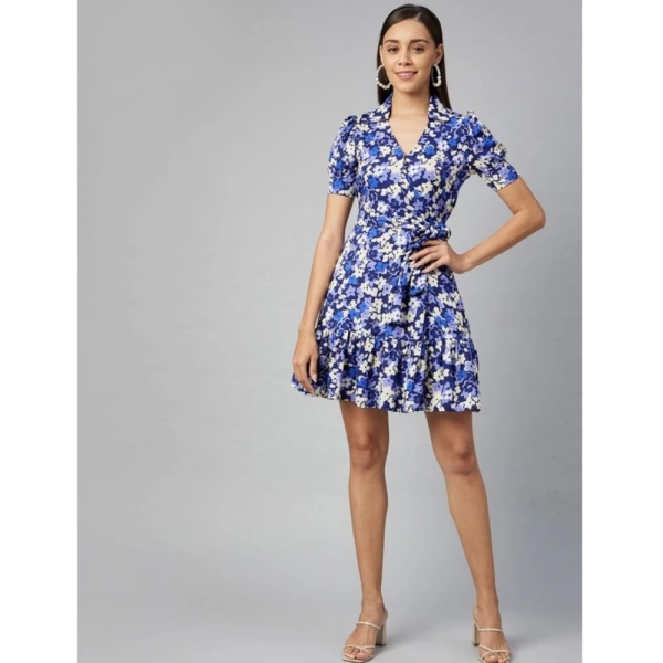 Women's Polyester Floral Short Sleeve Above Knee Dress (Blue - Purple) - XL