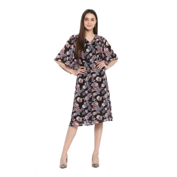 Women's Polyester Floral Short Sleeve Knee-Length Dress (Black - Multicolor) - M