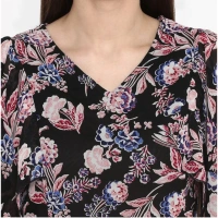 Women's Polyester Floral Short Sleeve Knee-Length Dress (Black - Multicolor) - M