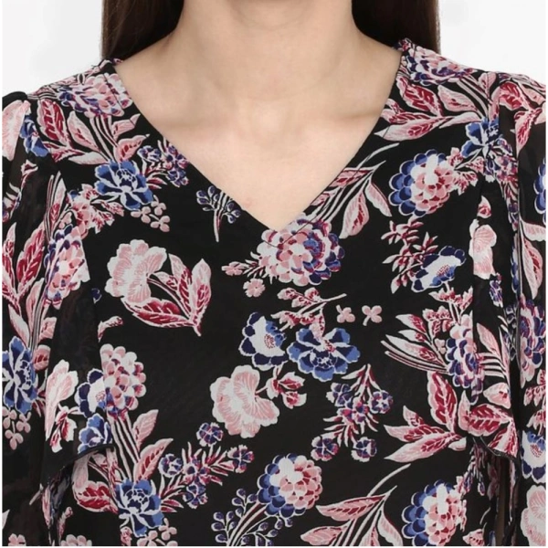 Women's Polyester Floral Short Sleeve Knee-Length Dress (Black - Multicolor) - M