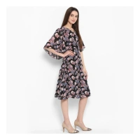 Women's Polyester Floral Short Sleeve Knee-Length Dress (Black - Multicolor) - M