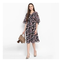 Women's Polyester Floral Short Sleeve Knee-Length Dress (Black - Multicolor) - M