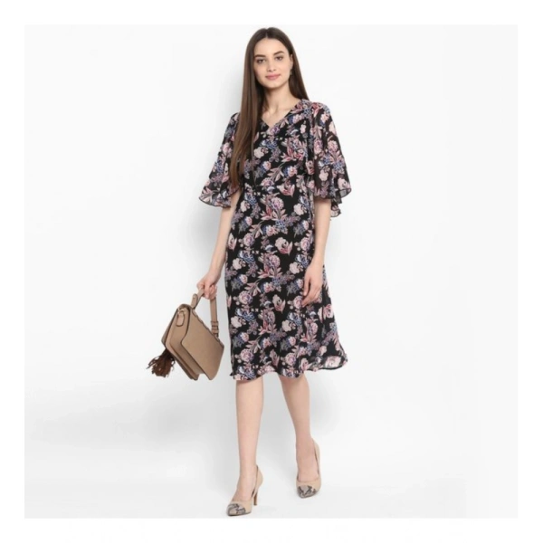Women's Polyester Floral Short Sleeve Knee-Length Dress (Black - Multicolor) - M