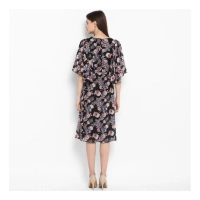 Women's Polyester Floral Short Sleeve Knee-Length Dress (Black - Multicolor) - M