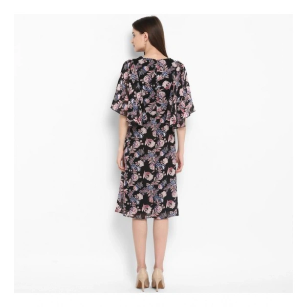 Women's Polyester Floral Short Sleeve Knee-Length Dress (Black - Multicolor) - M