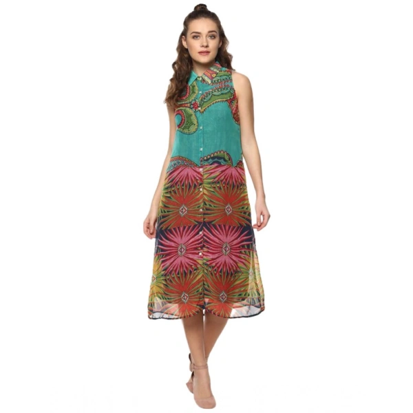Women's Polyester Floral Sleeveless Below Knee Dress (Multicolor) - M