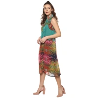 Women's Polyester Floral Sleeveless Below Knee Dress (Multicolor) - M