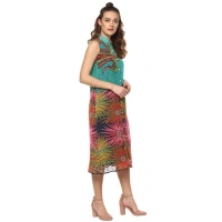 Women's Polyester Floral Sleeveless Below Knee Dress (Multicolor) - M