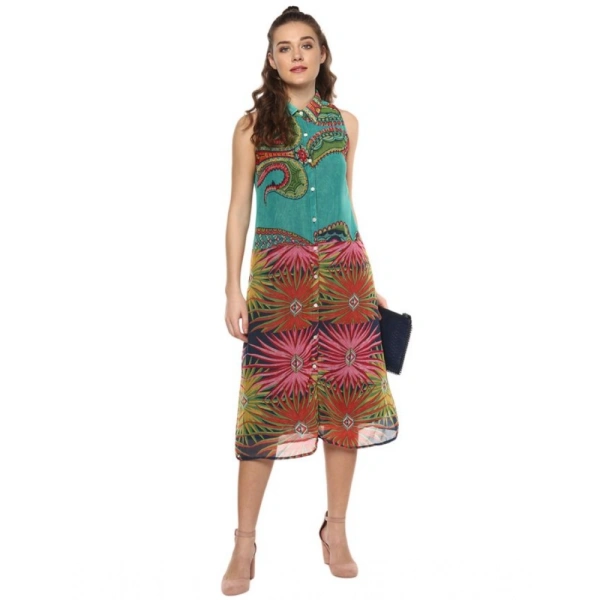 Women's Polyester Floral Sleeveless Below Knee Dress (Multicolor) - M
