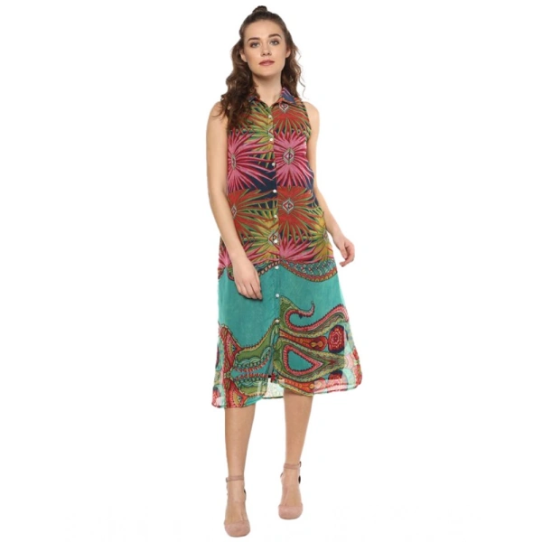 Women's Polyester Floral Sleeveless Below Knee Dress (Multicolor) - M